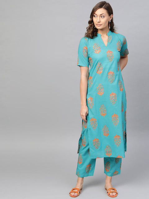 Blue & Orange Printed Straight Kurta Set with Pants