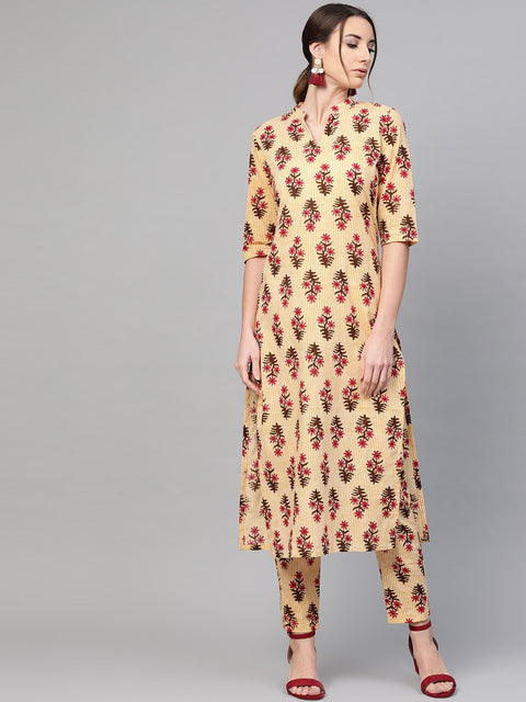 Yellow striped Multi colored Printed Kurta set with Pants