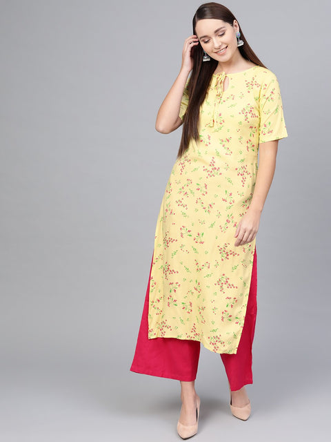 Light Yellow Multi colored Floral printed Straight kurta with Keyhole neck & half sleeves