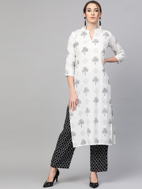 White & Navy Blue Printed Kurta set with Pants