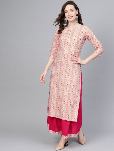 Cream Multi colored printed Straight Kurta with Magenta Skirt
