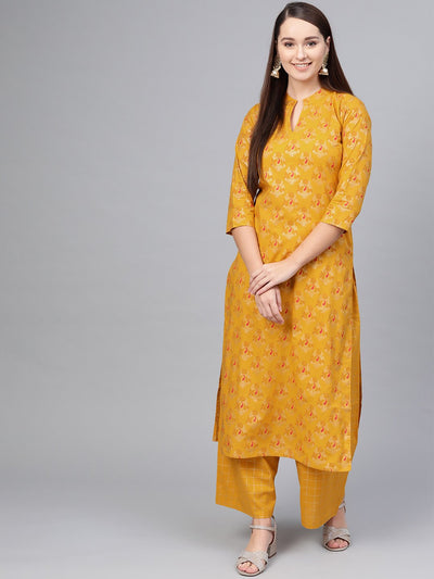 Mustard Gold printed Kurta set with Solid pants
