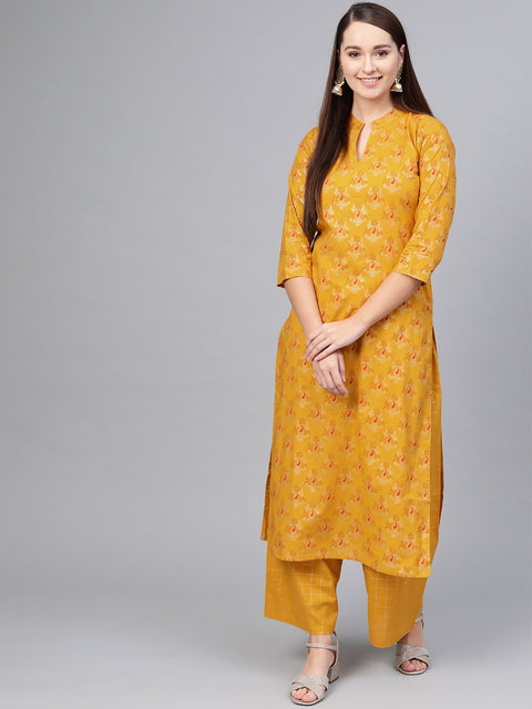 Mustard Gold printed Kurta set with Solid pants