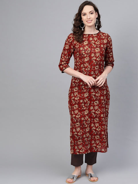 Maroon Floral printed Straight kurta set with dark brown pants