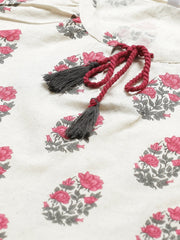 Women Off White & Pink A-Line Floral Printed Tie-Up Neck Top