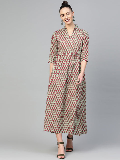 Women Green & Red Floral Printed Fit and Flare Dress