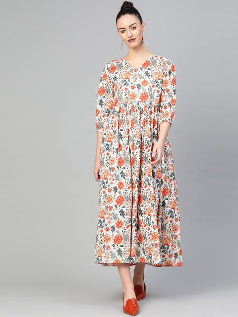 AASI - HOUSE OF NAYO Women White & Orange Floral Maxi Dress
