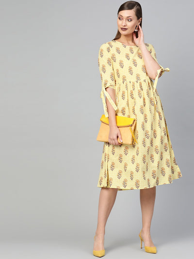 AASI - HOUSE OF NAYO Women Yellow & Brown Floral Knee Length Dress