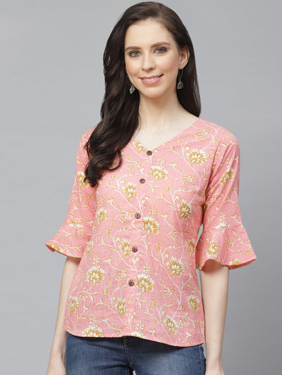 Women Pink & Mustard Regular Floral Printed V-Neck Top