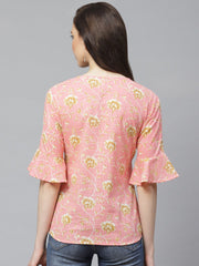 Women Pink & Mustard Regular Floral Printed V-Neck Top