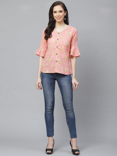 Women Pink & Mustard Regular Floral Printed V-Neck Top