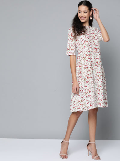 AASI - HOUSE OF NAYO Women White & Magenta FloralKnee Length Dress
