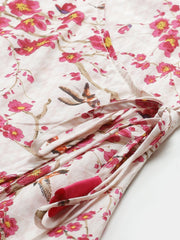 Women Off White & Pink Wrap Floral Printed V-Neck Top