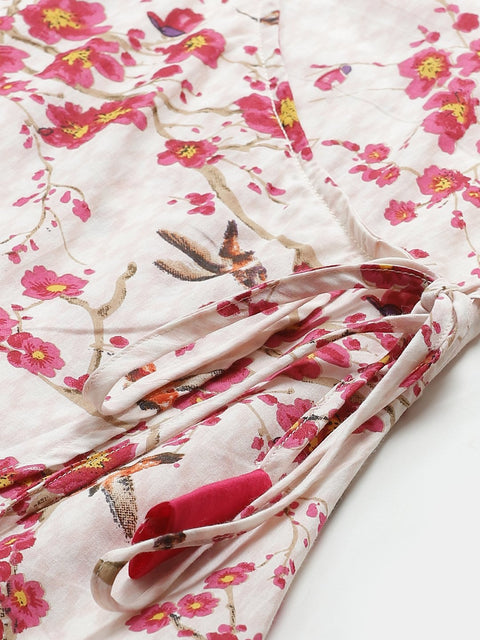Women Off White & Pink Wrap Floral Printed V-Neck Top