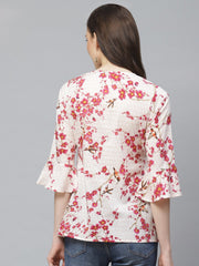 Women Off White & Pink Wrap Floral Printed V-Neck Top