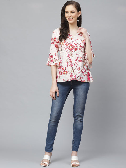 Women Off White & Pink Wrap Floral Printed V-Neck Top