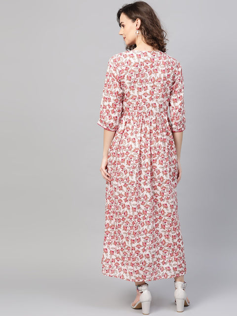 Women White & Pink Floral Printed Maxi Dress