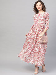 Women White & Pink Floral Printed Maxi Dress