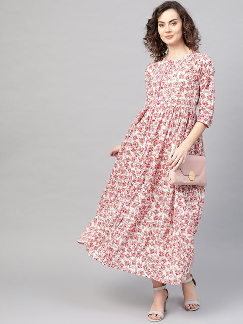 Women White & Pink Floral Printed Maxi Dress