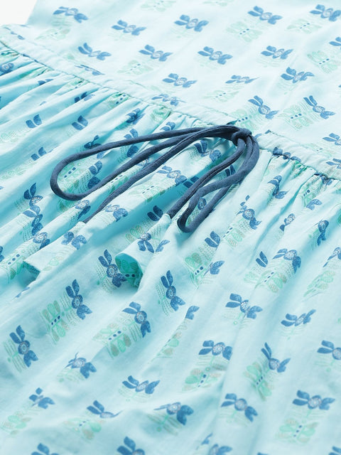Women A-Line Waist Tie-up Blue Printed kurta & Palazzo Set