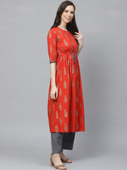 Women A-Line Waist Tie-up Red & Gold Printed kurta & Palazzo Set
