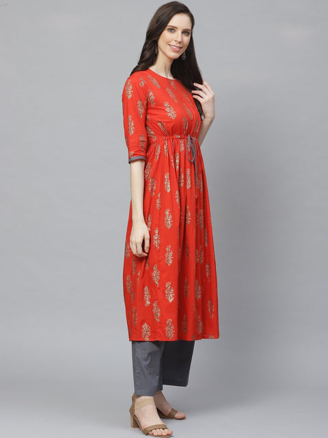 Women A-Line Waist Tie-up Red & Gold Printed kurta & Palazzo Set