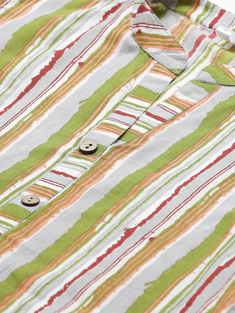 Women Grey & Multi Regular Vertical Stripes Mandarin Collar Top