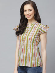 Women Grey & Multi Regular Vertical Stripes Mandarin Collar Top
