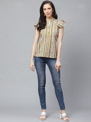 Women Grey & Multi Regular Vertical Stripes Mandarin Collar Top