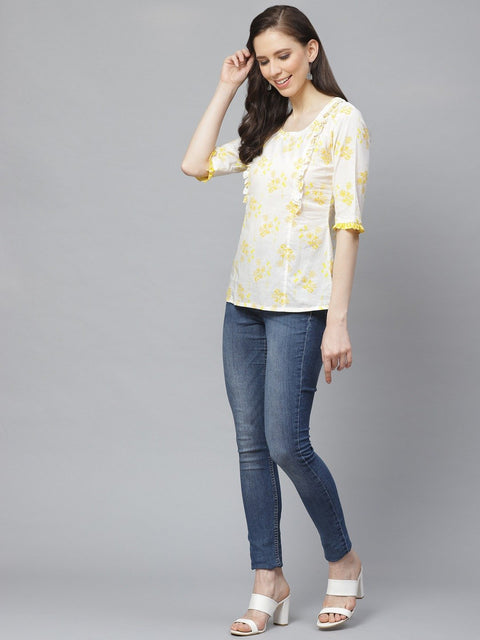 Women White & Yellow Regular Floral Printed Round Neck Top