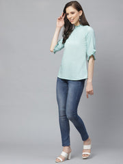 Women Blue A-Line Solid High Neck Top