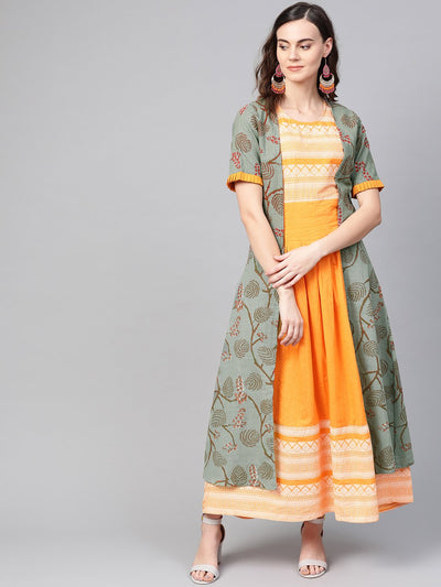 AASI - HOUSE OF NAYO Women Yellow & Green Tribal Printed Two-Piece Dress