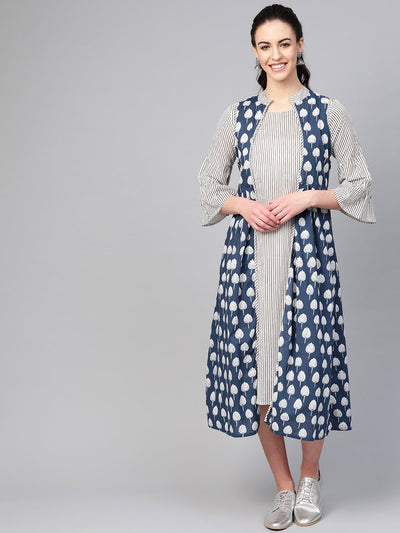 AASI - HOUSE OF NAYO Women White & Blue Striped Printed Two-Piece Dress
