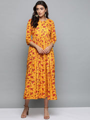 Women Mustard Yellow Floral Printed Round Neck A-Line Dress