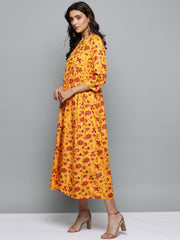 Women Mustard Yellow Floral Printed Round Neck A-Line Dress