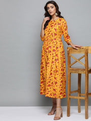 Women Mustard Yellow Floral Printed Round Neck A-Line Dress