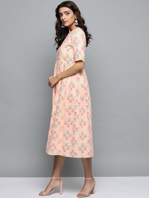 Women Peach Floral Printed Round Neck A-Line Dress