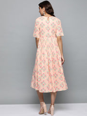 Women Peach Floral Printed Round Neck A-Line Dress