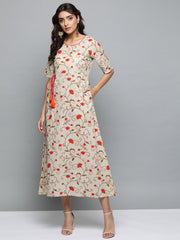 Women Beige Floral Printed Round Neck A-Line Dress