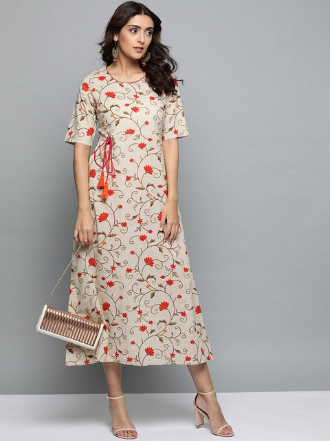 Women Beige Floral Printed Round Neck A-Line Dress