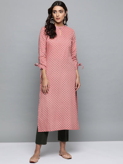 AASI - HOUSE OF NAYO Women Peach Calf Length Regular Side Slits Cotton Kurta