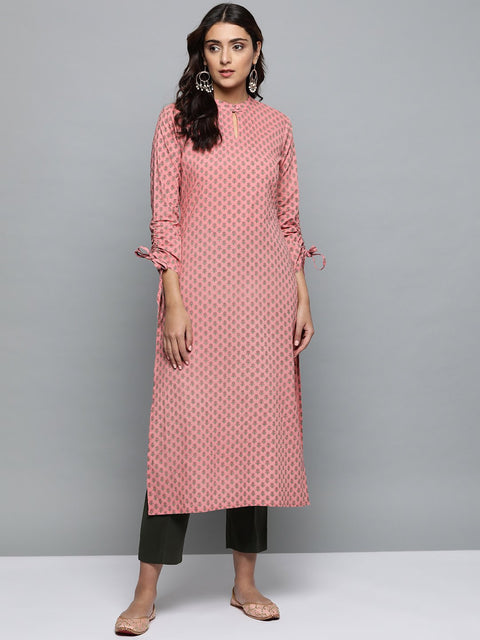 AASI - HOUSE OF NAYO Women Peach Calf Length Regular Side Slits Cotton Kurta