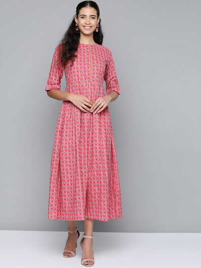 AASI - HOUSE OF NAYO Women Pink Floral Printed Round Neck A-Line Dress