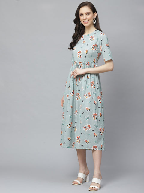 Women Turquoise Blue Floral Printed Round Neck Cotton A-Line Dress