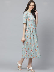 Women Turquoise Blue Floral Printed Round Neck Cotton A-Line Dress
