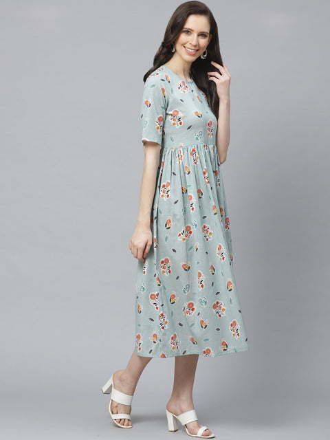 Women Turquoise Blue Floral Printed Round Neck Cotton A-Line Dress