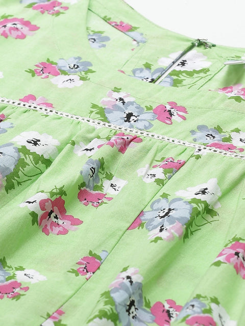 Women Green Floral Printed Round Neck Cotton A-Line Dress