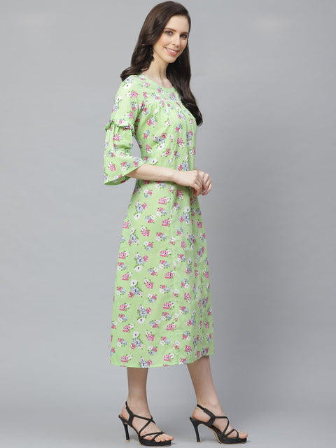 Women Green Floral Printed Round Neck Cotton A-Line Dress