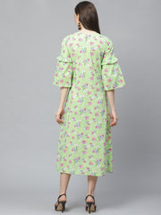 Women Green Floral Printed Round Neck Cotton A-Line Dress