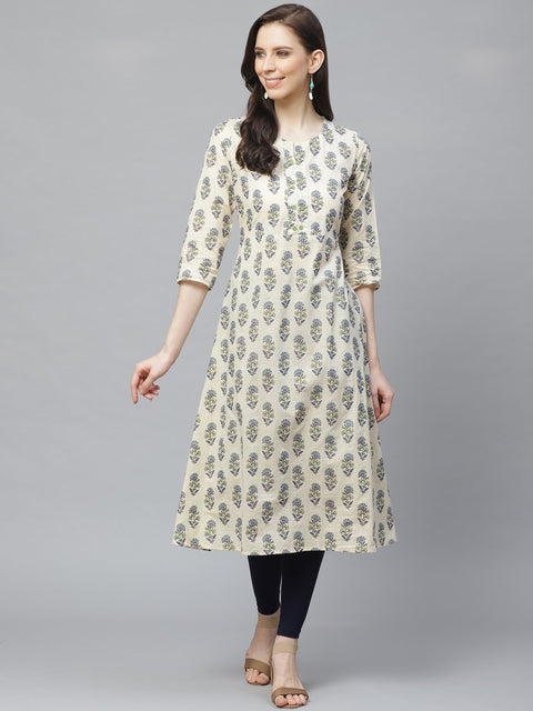 Women Beige Calf Length Three-Quarter Sleeves A-Line Floral Printed Cotton Kurta